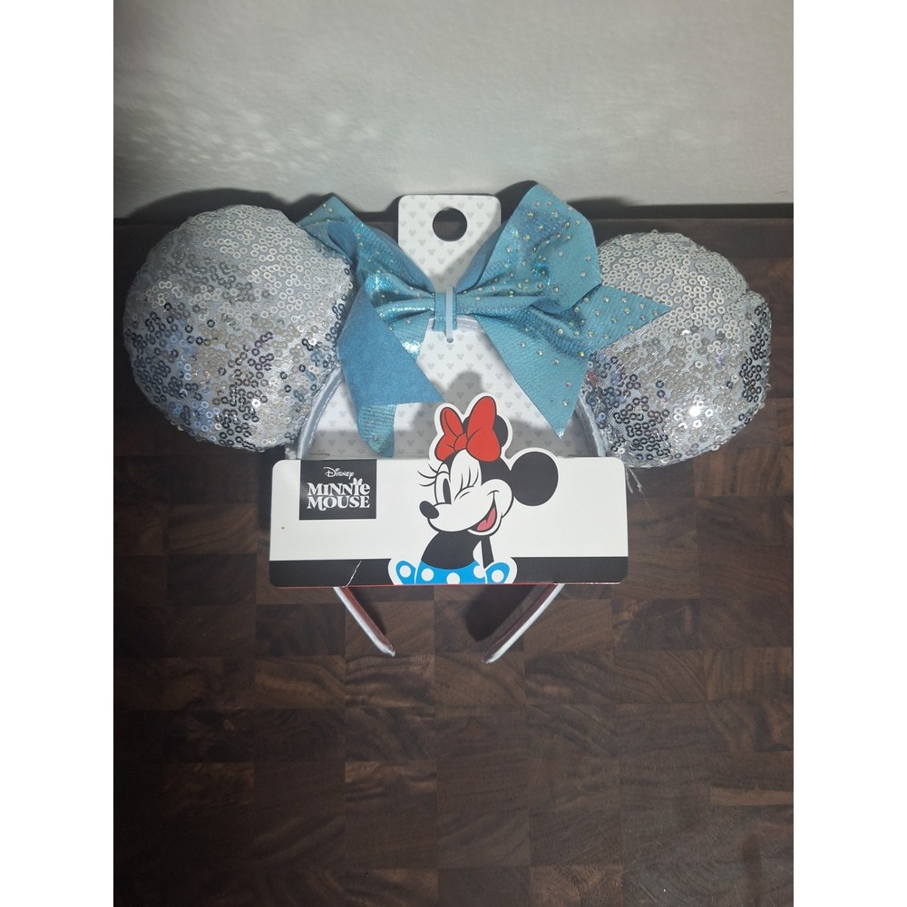 Disney Minnie Mouse Ears Headband Silver Sequin Mouse Ears Blue Bow Glitter